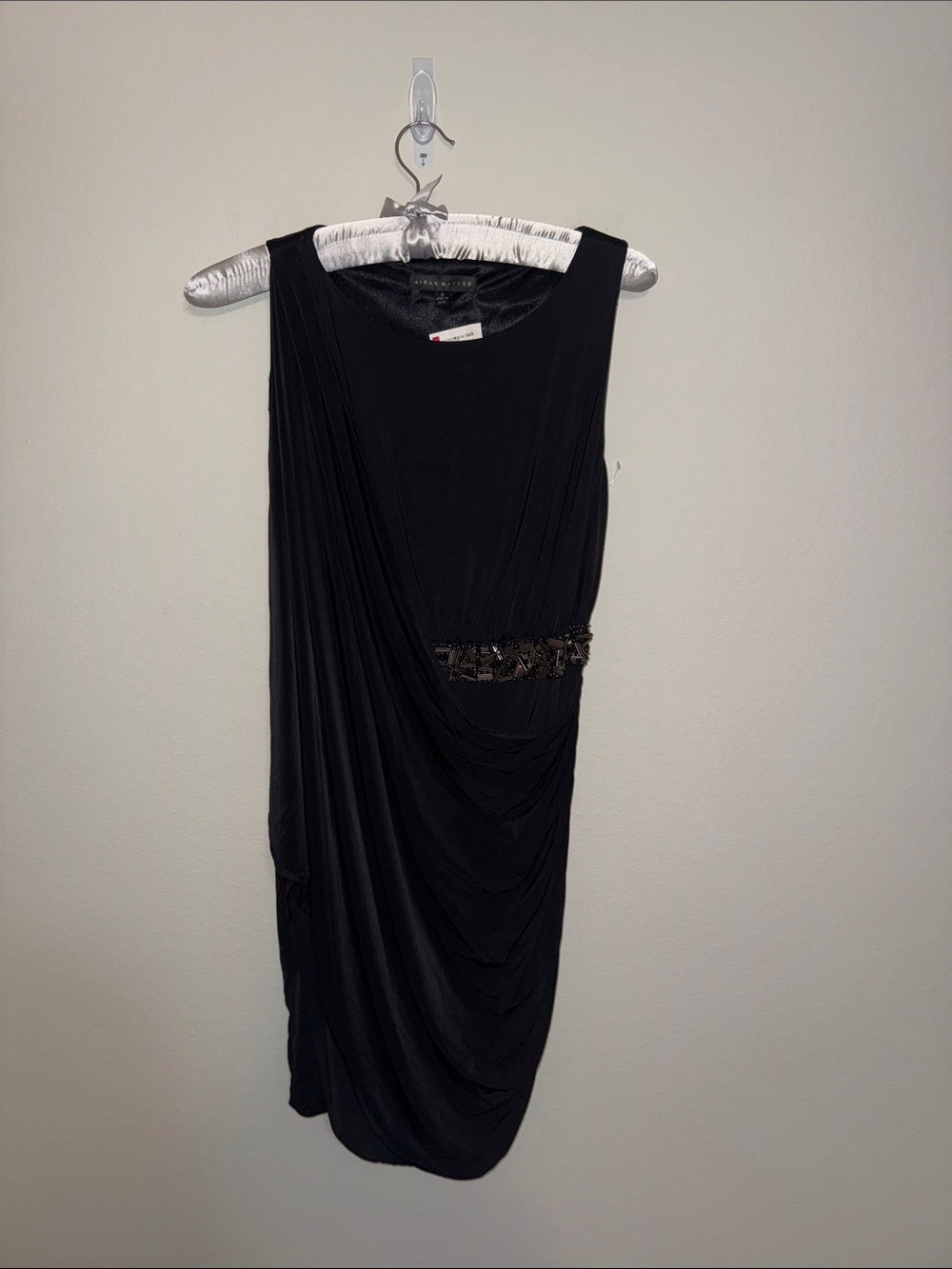 Aidan Mattox Black Sleeveless Draped Midi Dress with Beaded Waist NWT. A